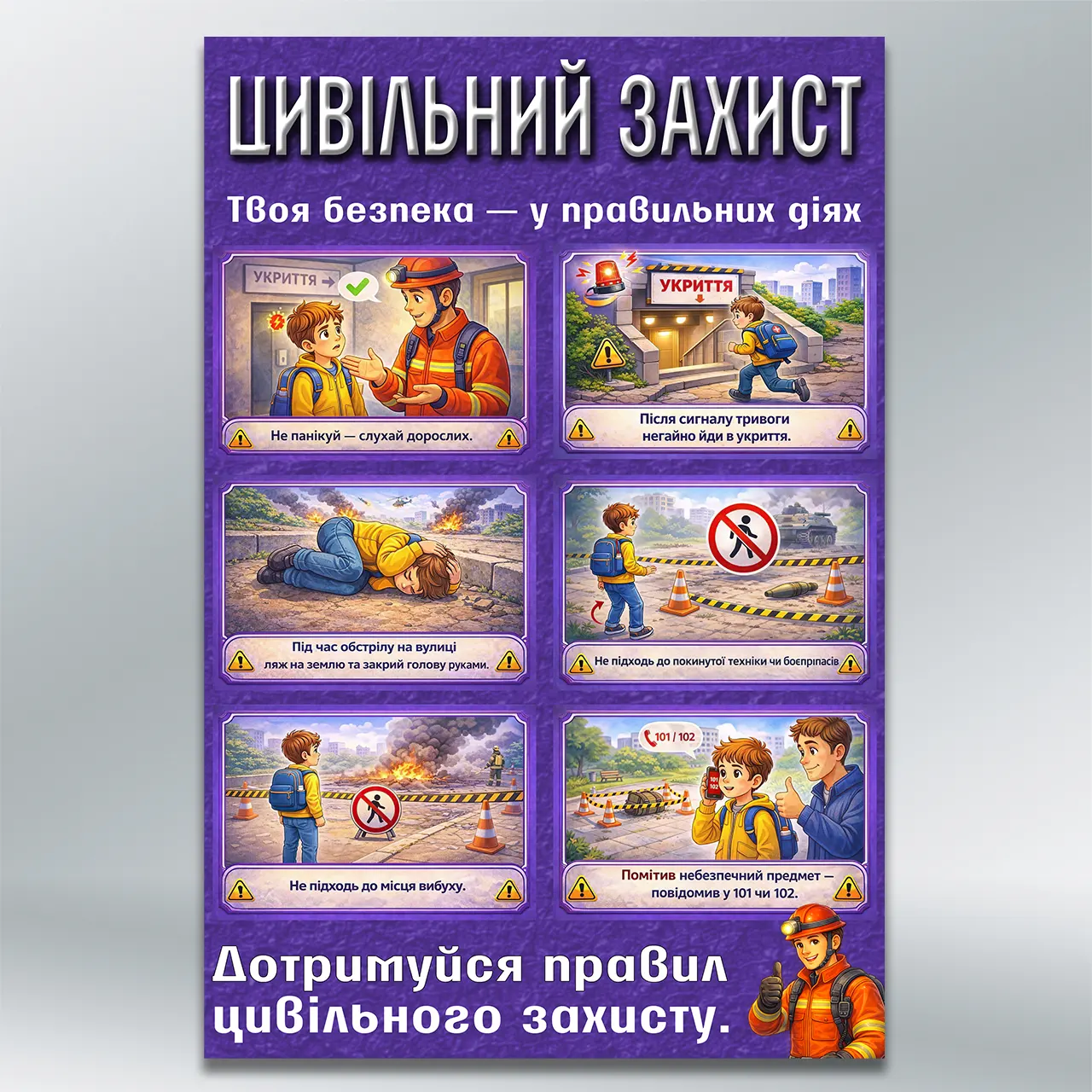 Дитячий стенд Цивільний захист — правила поведінки під час тривоги 400х600 мм ПВХ 3 мм з лам