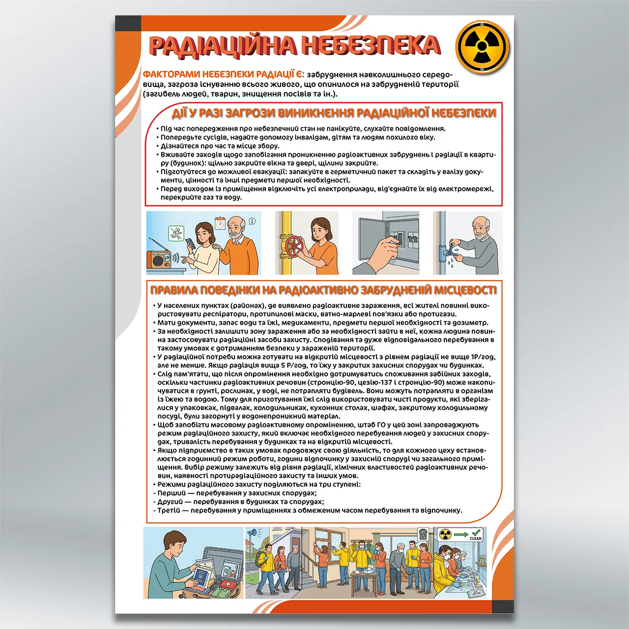 Стенд Радіаційна небезпека: дії у разі раптового виникнення та у разі загрози 600х900 мм ПВХ 3 мм з лам