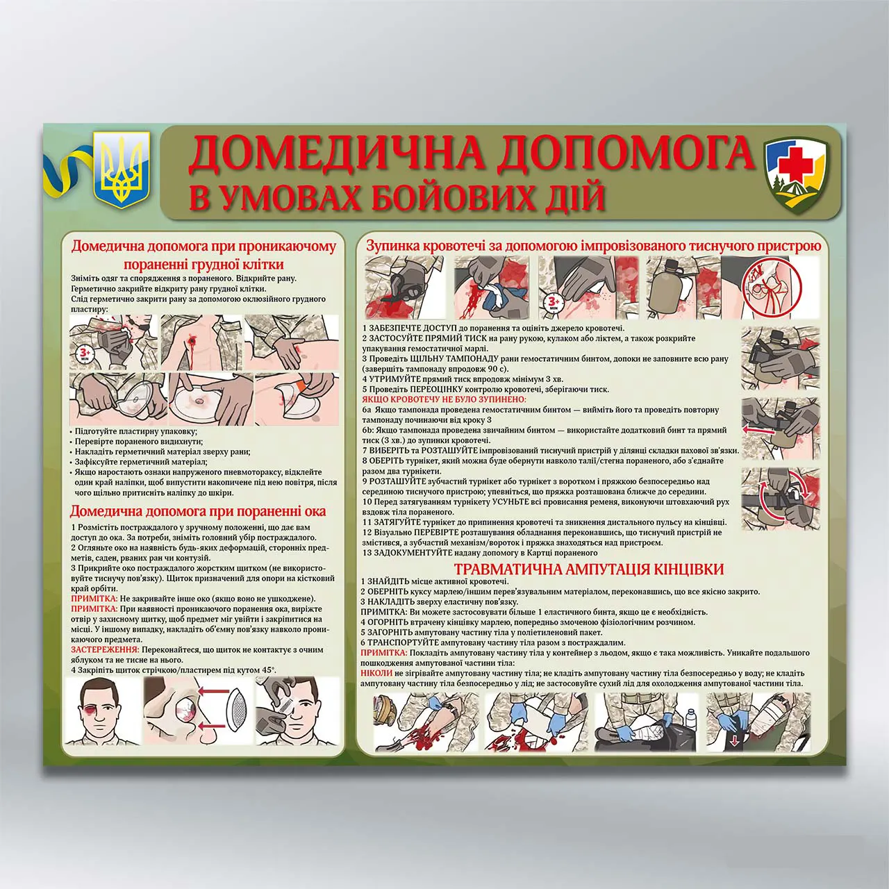 Стенд Домедична допомога в умовах бойових дій Травми грудної клітки, очей, ампутації та зупинка кровотеч 1000х800 мм ПВХ 4 мм без лам